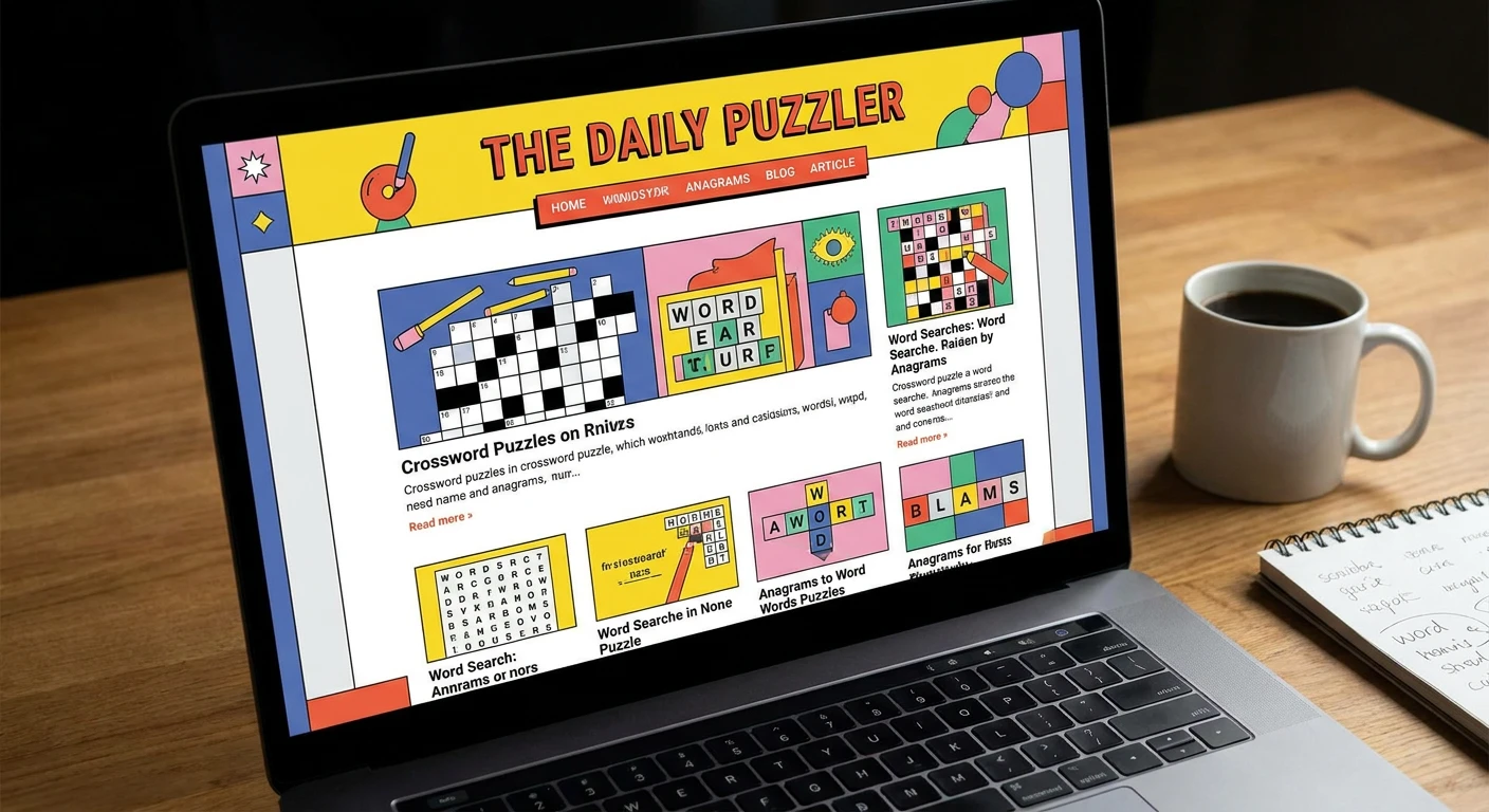 A laptop on a desk showing a colourful word puzzle website with crossword, word search and anagram articles